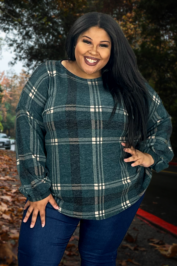 42 PLS-B {Cozy Moments} Green Check Bubble Sleeve Top EXTENDED PLUS SIZE 3X 4X 5X