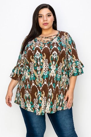 27 PQ-A {New Tradition} Brown Green Print Strappy Neck Top CURVY BRAND EXTENDED PLUS SIZE 3X 4X 5X