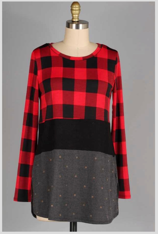 CP-M {Just A Matter Of Time} ***FLASH SALE!! Red Plaid Contrast Top PLUS SIZE XL 2X 3X