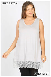 FLASH SALE!! SV-B (Right For You) Grey Mist Sleeveless Tunic With Lace Hem PLUS SIZE 1X 2X 3X