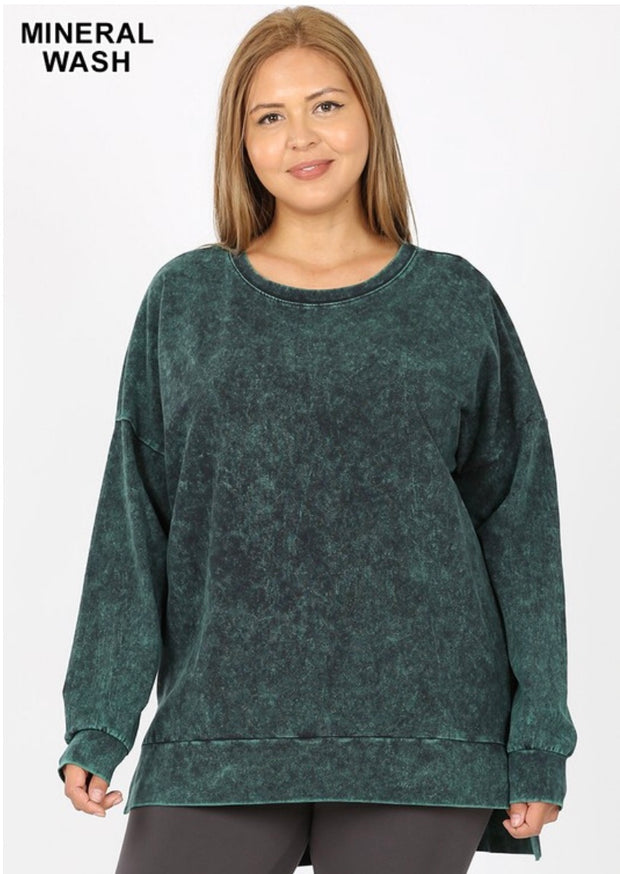 PLS-G {Take It Easy} ***FLASH SALE***Top Forest Green Mineral Wash Crew Neck