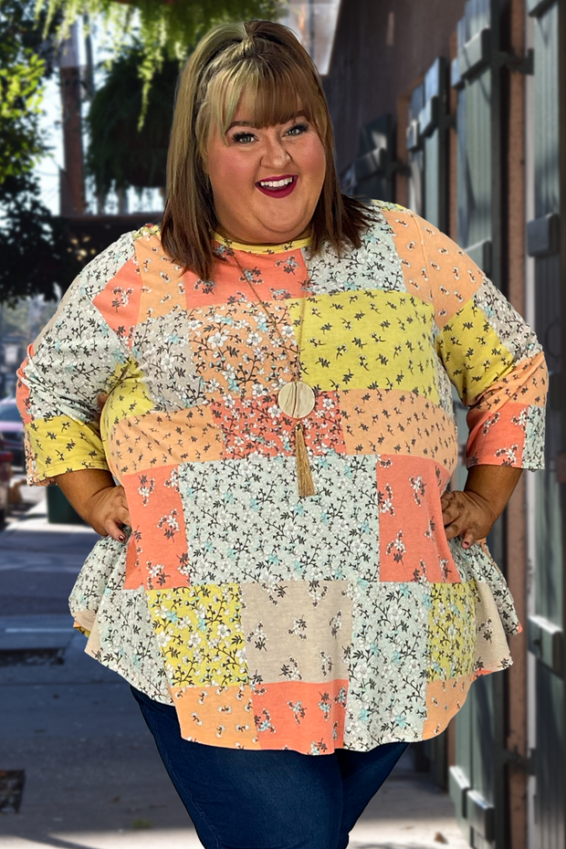 30 PQ-A {Last Direction} Yellow Patchwork Top EXTENDED PLUS SIZE 3X 4X 5X