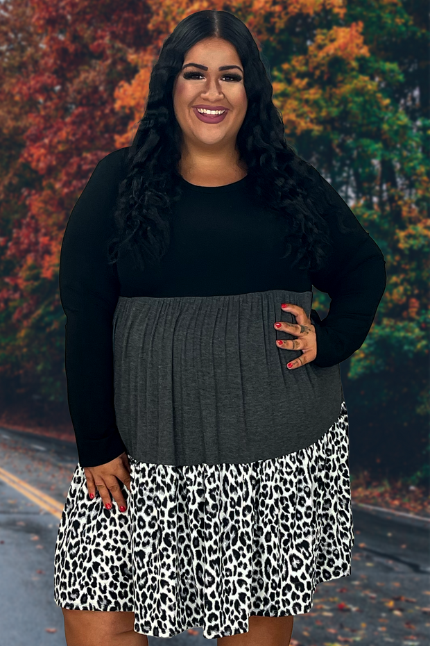 56 CP-A {Lucky To Be Loved} Black/Animal Print Tiered Dress PLUS SIZE 1X 2X 3X