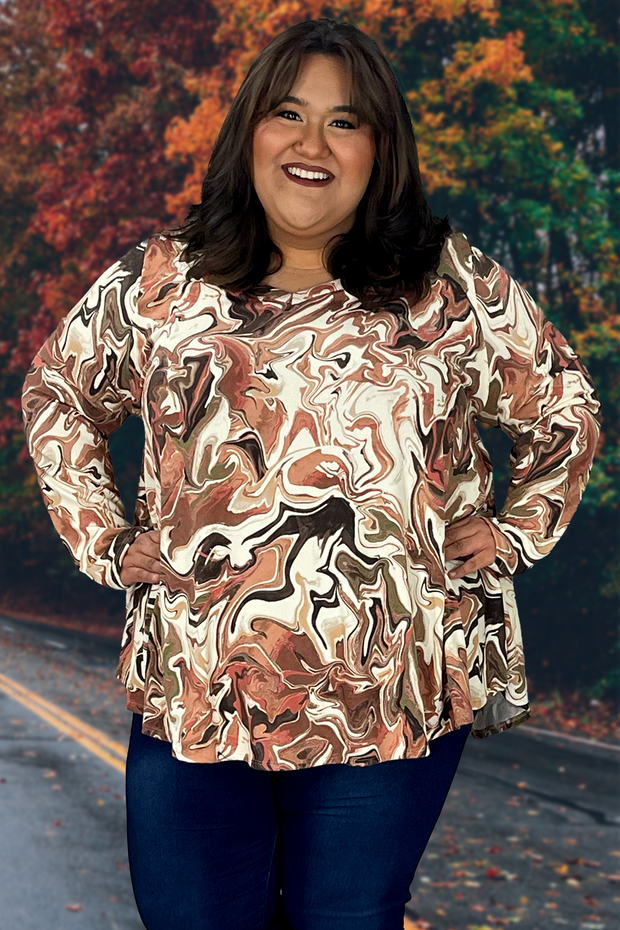 28 PLS-N {Roll With It} Brown Marbled Print Top EXTENDED PLUS SIZE 3X 4X 5X