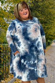55 PLS-A {The Moment Is Now} Navy Tie Dye Dress w/Pockets EXTENDED PLUS SIZE 1X 2X 3X 4X 5X