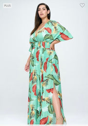 LD-D {Island Escape} ***SALE***Lt Green Palm Printed Lined Dress PLUS SIZE XL 2X 3X
