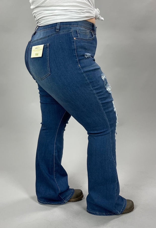 BT-P [YMI} DISTRESSED HIGH-RISE FLARE JEANS