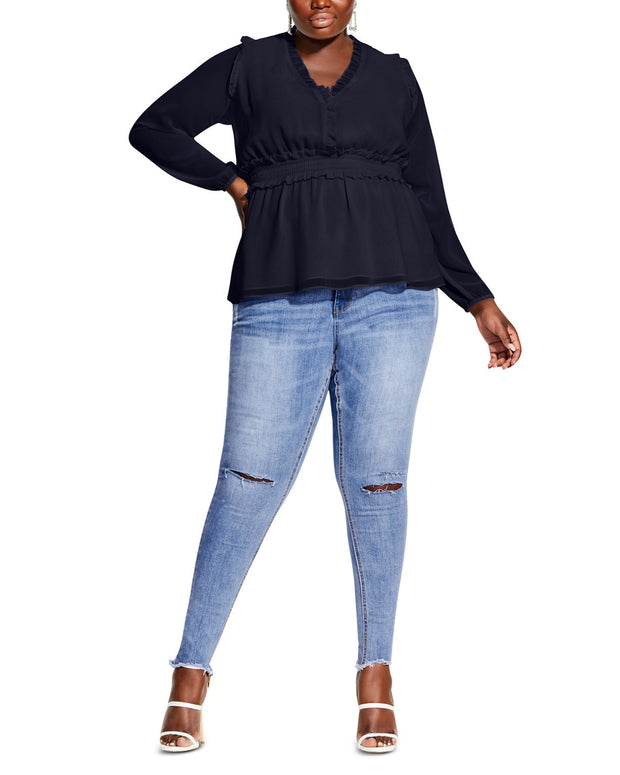 M-109 {N.Y Collection} Navy Blue Ruffled Peplum Top