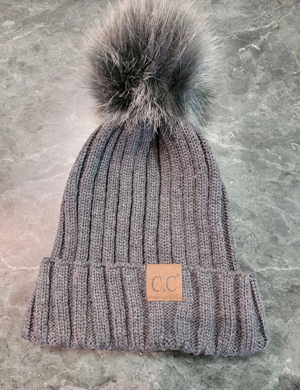 BIN-39 Ribbed Style C.C. Beanie Hat With Matching Fur Ball