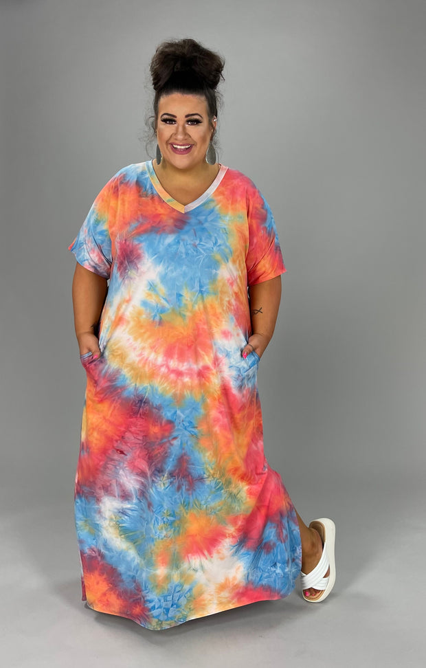 LD-F [Joining The Fun} Multi-Color Tie Dye V-Neck Long Dress EXTENDED PLUS SIZE 3X 4X 5X