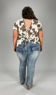 53 PSS-A {Gathered Treasure} Ivory/Brown Cow Print Top PLUS SIZE 1X 2X 3X