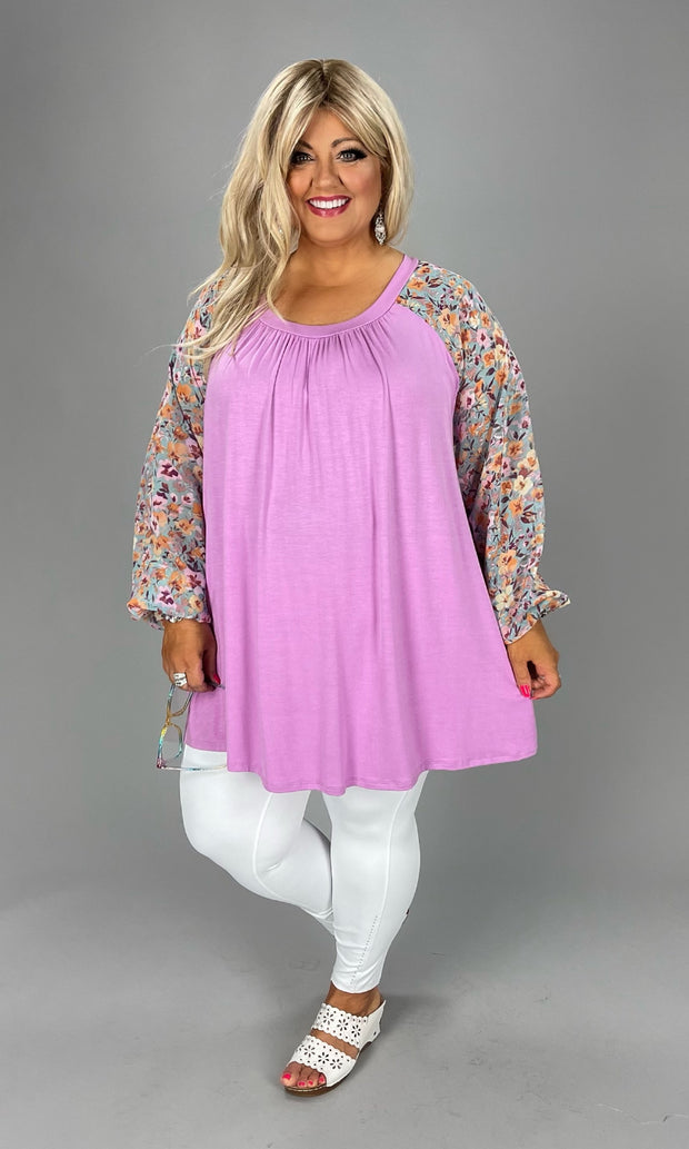 73 CP-C {Floral & Nice) Floral Sleeve w/Lilac Contrast Shirt CURVY BRAND EXTENDED PLUS 1X 2X  3X 4X 5X 6X