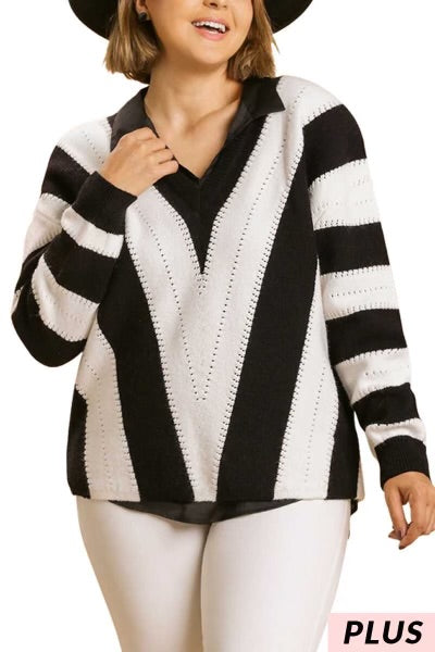 56 PLS-B {Insider Information} "Umgee"  Black/White Sweater PLUS SIZE XL 1X 2X