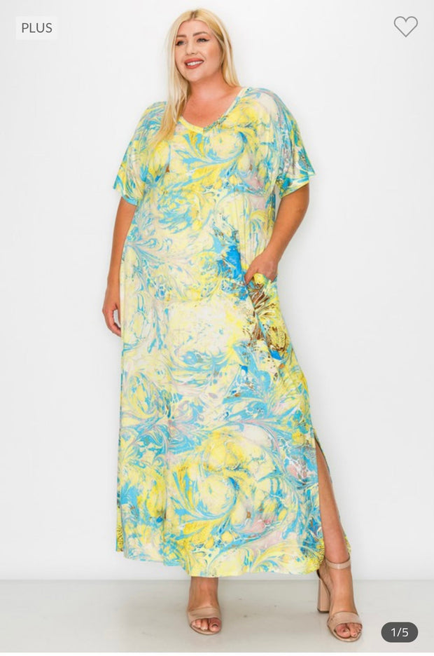 LD-Z {Artistic Vibes} Yellow Printed V-Neck Maxi Dress EXTENDED PLUS SIZE 3X 4X 5X
