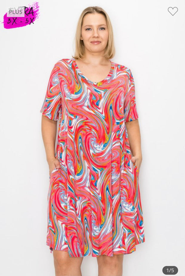 55 PSS-A {Last Of A Kind} ***SALE***Multi-Color V-Neck Printed Dress EXTENDED PLUS SIZE 1X 2X 3X 4X 5X