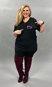 GT-V {CURVY Logo} Black/Pink V-Neck Cotton T-Shirt