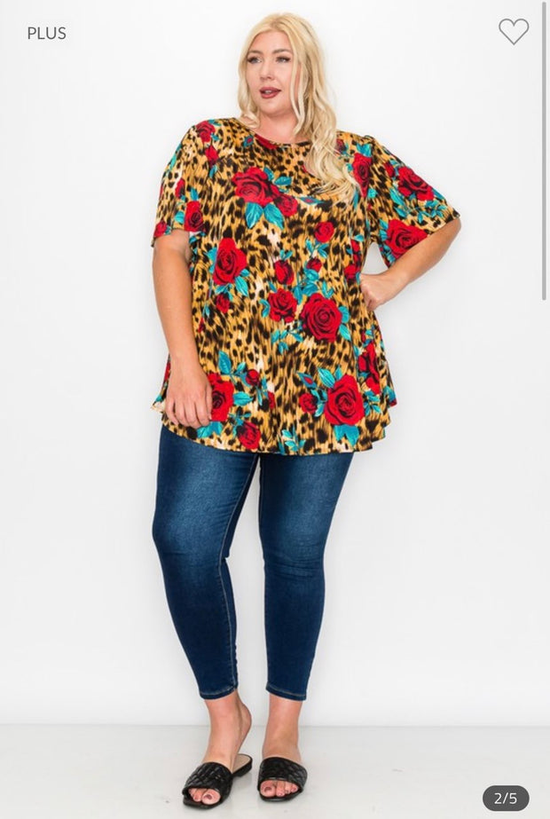 34 PSS-Z {Picking Roses} Red Rose Print Top EXTENDED PLUS SIZE 3X 4X 5X