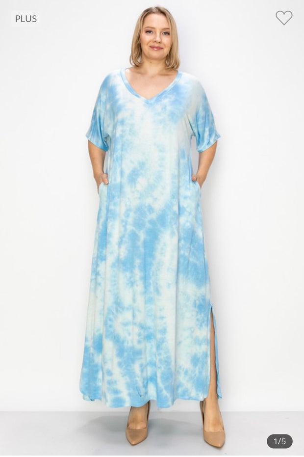 LD-V {Look Up} Sky Blue Tie Dye V-Neck Long Dress EXTENDED PLUS SIZE 3X 4X 5X