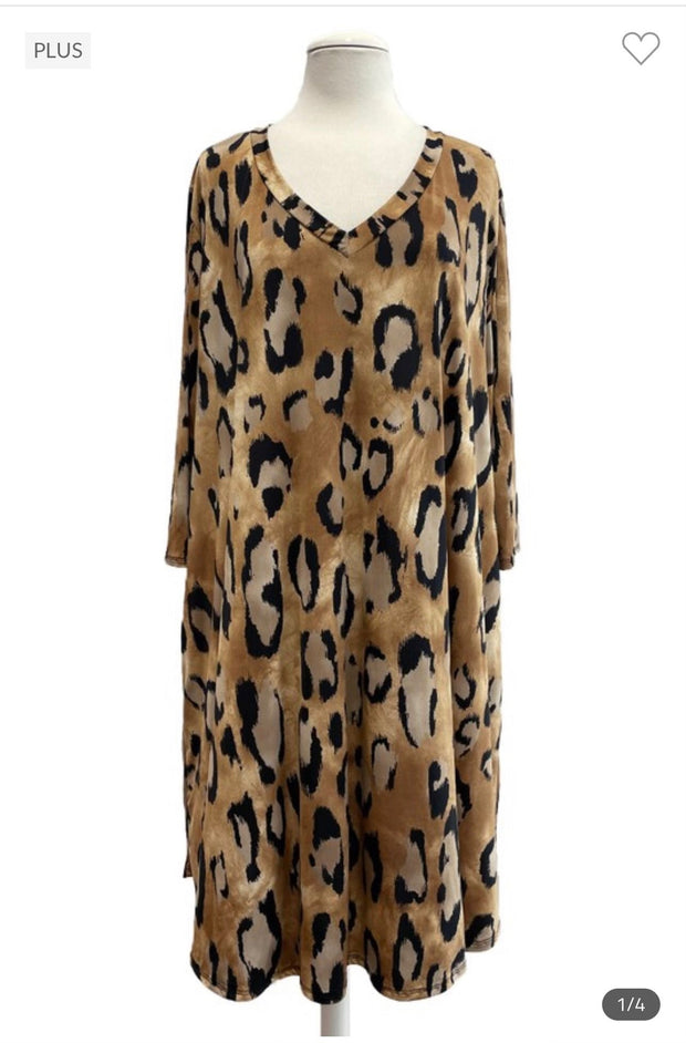 61 PQ-A {Gold Among Us} Leopard Print V-Neck Dress EXTENDED PLUS SIZE 3X 4X 5X