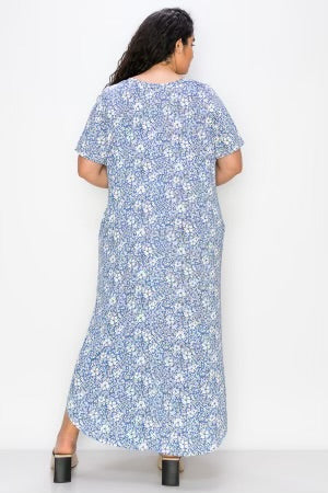 LD-O {Etched in Floral} Blue Floral Printed Maxi Dress EXTENDED PLUS 4X 5X 6X