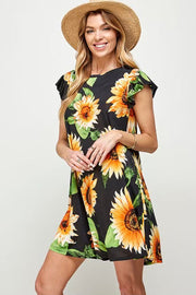 30 PSS-A {Sunflower Fun Flower} Black ***SALE***Printed Dress PLUS SIZE 1X 2X 3X