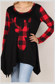 GT-A {Hello My Deer}  Black Red Plaid Deer Graphic Tunic PLUS SIZE XL 2X 3X