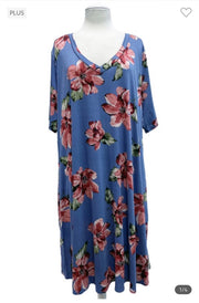 75 PSS-B {What A Vision} Blue Floral V-Neck Dress EXTENDED PLUS SIZE 3X 4X 5X
