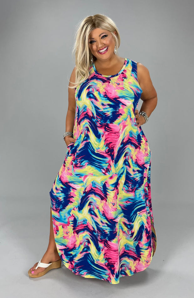 LD-G {Cause I'm Happy} Neon Tie Dye Print Maxi Dress PLUS SIZES XL 2X 3X