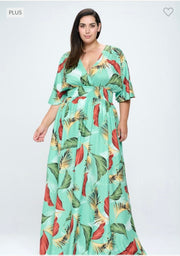 LD-D {Island Escape} ***SALE***Lt Green Palm Printed Lined Dress PLUS SIZE XL 2X 3X