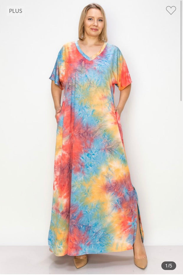 LD-F [Joining The Fun} Multi-Color Tie Dye V-Neck Long Dress EXTENDED PLUS SIZE 3X 4X 5X