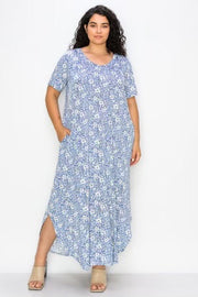 LD-O {Etched in Floral} Blue Floral Printed Maxi Dress EXTENDED PLUS 4X 5X 6X