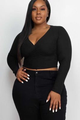 19 SLS-E {Sparks Will Fly} Black Ribbed Front Wrap Top PLUS SIZE 1X 2X 3X