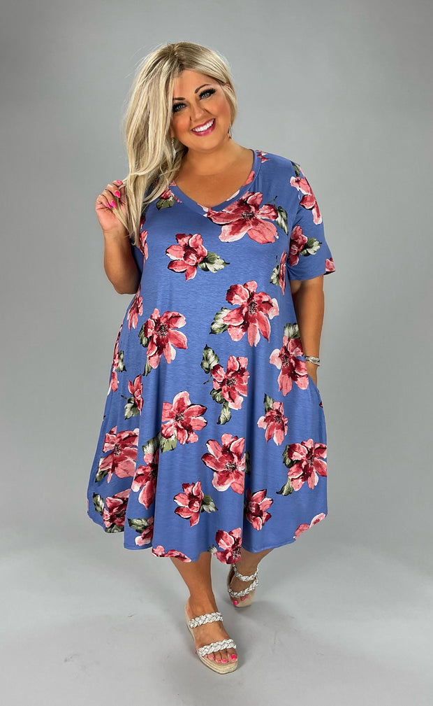 75 PSS-B {What A Vision} Blue Floral V-Neck Dress EXTENDED PLUS SIZE 3X 4X 5X