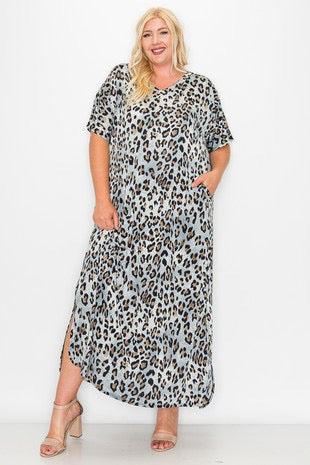 LD-O {Celebrating My Wild Side} Grey Leopard Print Maxi Dress EXTENDED PLUS SIZE 3X 4X 5X
