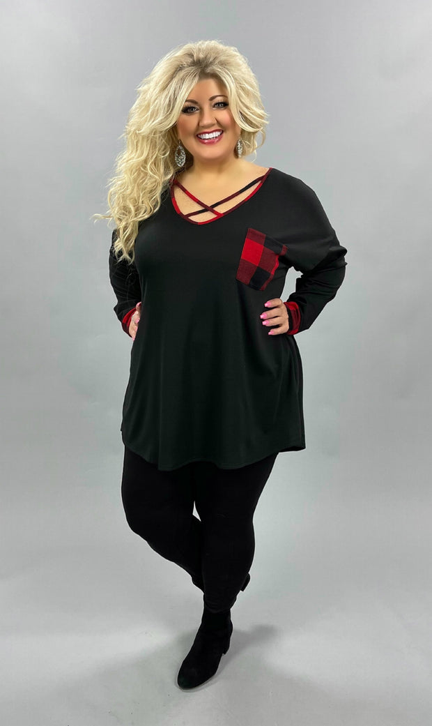 29 CP-R {Call You Out} ***FLASH SALE*** Black Red Plaid Pocket Cross Neck Tunic CURVY BRAND EXTENDED PLUS SIZE 3X 4X 5X 6X