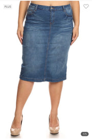 BT-W {Out on The Town} Blue Wash Denim Mid Length Skirt PLUS SIZE XL 2X 3X