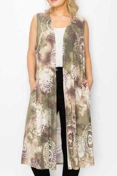 87 OT-Z {Love and Laughter} Olive Print Long Vest W/Pockets EXTENDED PLUS SIZE 4X 5X 6X
