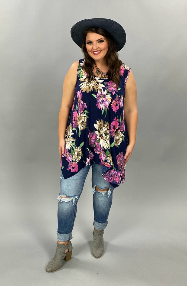 SV-Z {Made From Love} Navy ***SALE***Floral Sleeveless Tunic PLUS SIZE 1X 2X 3X