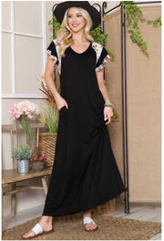 LD-R {Everyday Stunner} ***SALE***Black Long Dress Floral Sleeves PLUS SIZE 1X 2X 3X