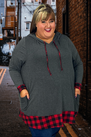 21 HD-F {Perfect Curvy} Gray/Red Plaid ***FLASH SALE***Contrast Hoodie CURVY BRAND!! EXTENDED PLUS SIZE 3X 4X 5X 6X
