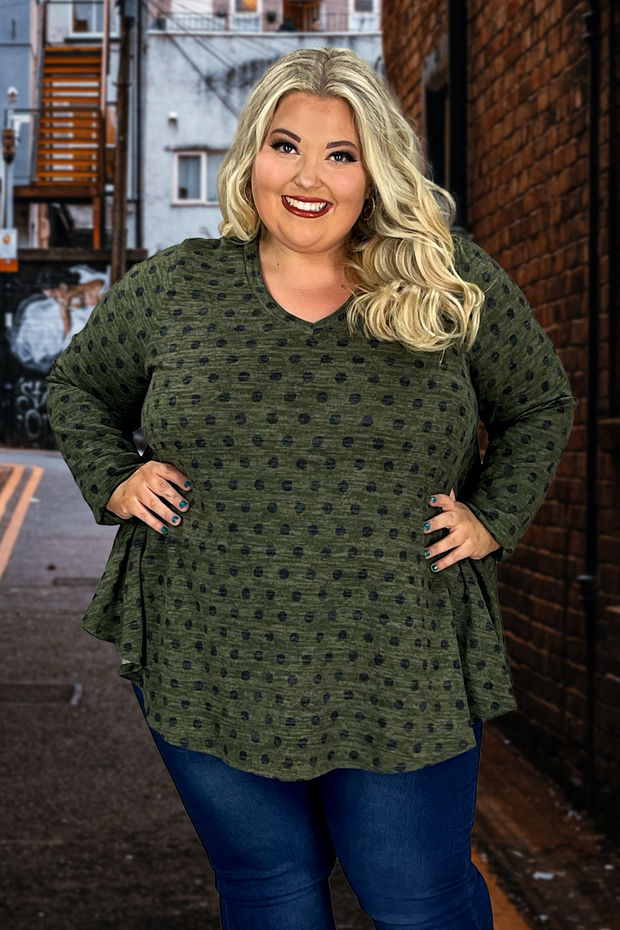 73 PLS-U {You Were There} Olive Polka Dot V-Neck Top EXTENDED PLUS SIZE 3X 4X 5X