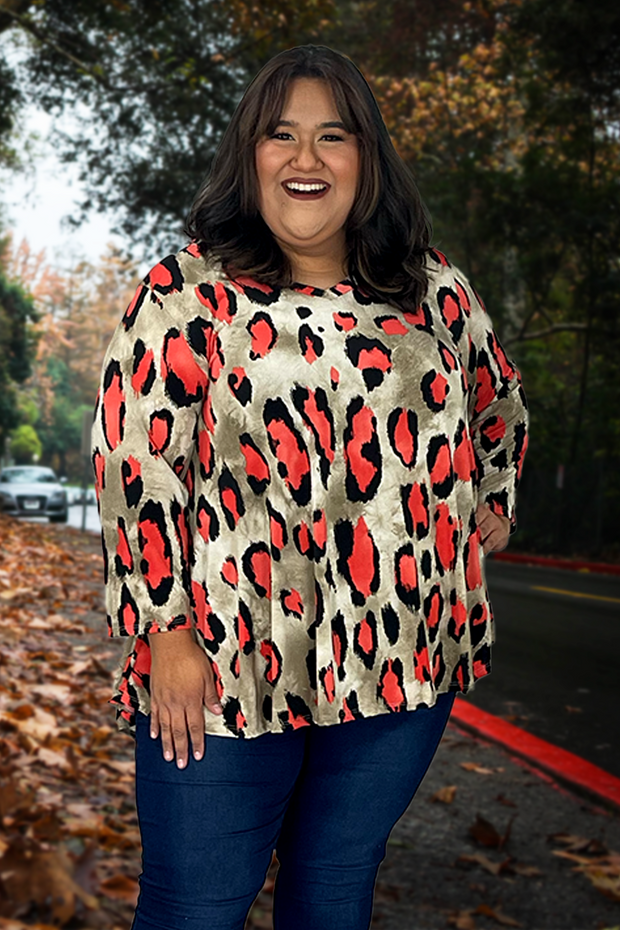 42 PQ-N {Be The Light} Taupe Coral Animal Print Top EXTENDED PLUS SIZE 3X 4X 5X