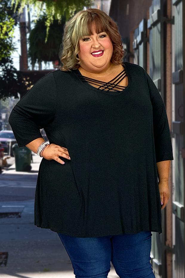 28 OR 37 SQ-C {Caged In Beauty} Black Tunic W/Cage Neck Detail CURVY BRAND!! EXTENDED PLUS SIZE 3X 4X 5X 6X