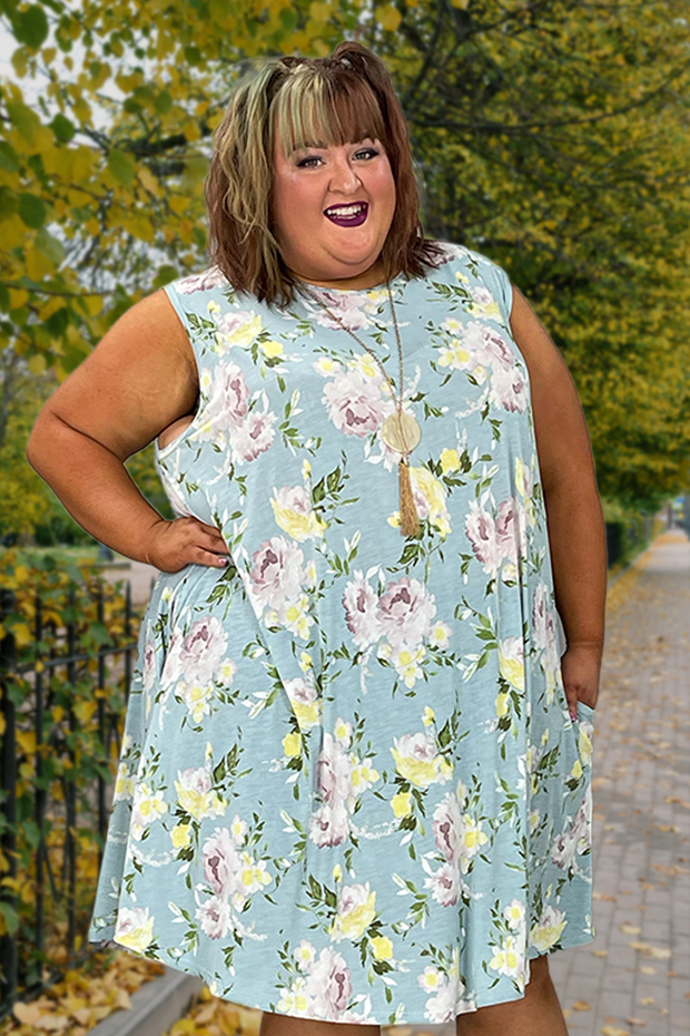 70 SV-I {Covered in Floral} ***SALE***Blue Floral Printed Dress EXTENDED PLUS SIZE 3X 4X 5X