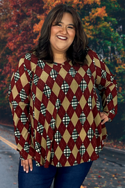 27 PLS-F {Free To Decide} Burgundy Print V-Neck Top EXTENDED PLUS SIZE 3X 4X 5X