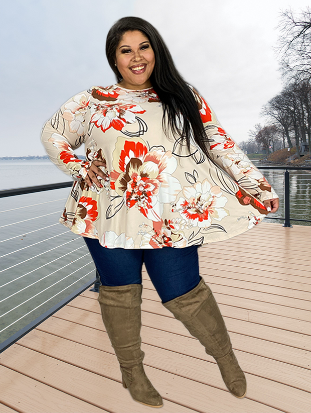 19 PLS-A {Giving Your All} Ivory/Rust Floral Top PLUS SIZE 1X 2X 3X