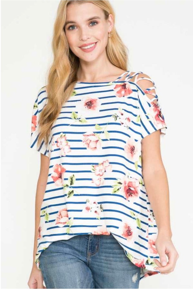 63 OS-A {Sweet Remarks}  SALE! Off-Shoulder Floral Striped Top PLUS SIZE XL 2X 3X