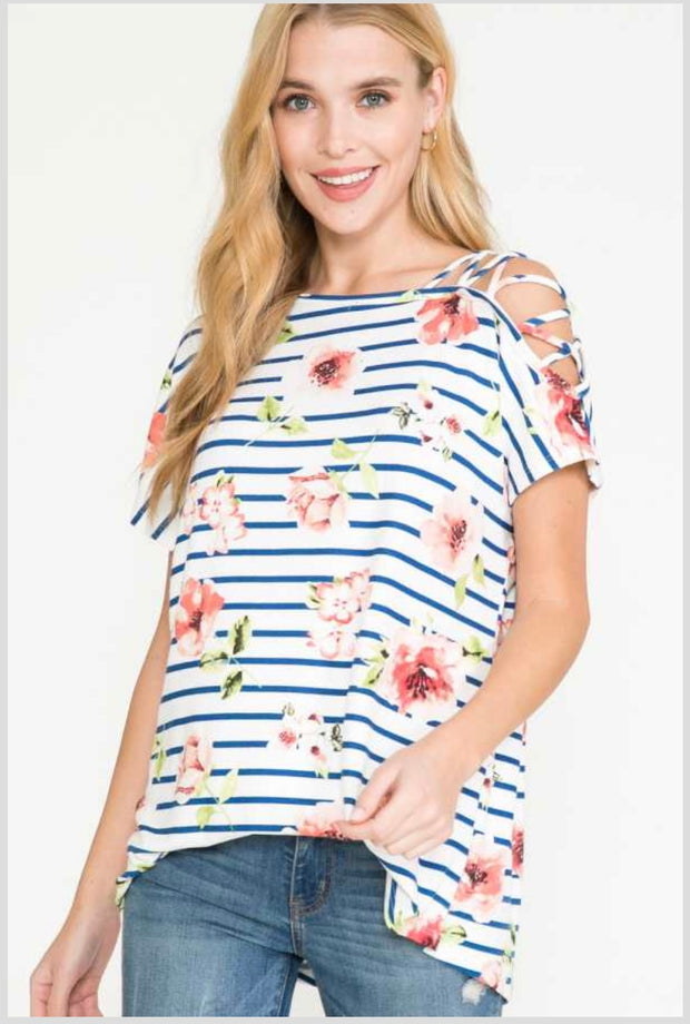 63 OS-A {Sweet Remarks}  SALE! Off-Shoulder Floral Striped Top PLUS SIZE XL 2X 3X