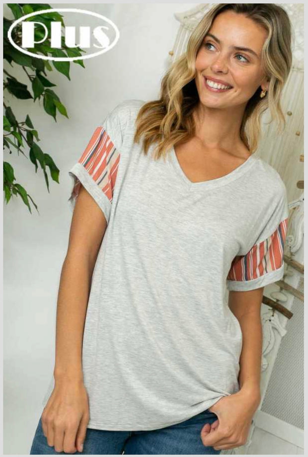 63 PSS-D {Vacay Ready}  SALE! Grey V Neck Top Contrast Sleeves PLUS SIZE XL 2X 3X