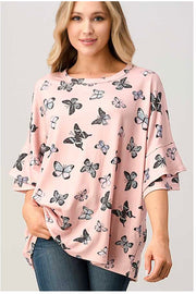 62 PSS-A {Butterfly Frenzy} SALE!!  Blush Pink Printed Top PLUS SIZE XL 2X 3X